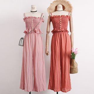 Set: Sleeveless Ruffled-trim Top + Wide-leg Pants