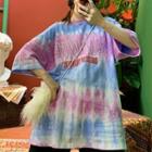 Letter Print Tie-dyed Elbow-sleeve T-shirt