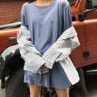 Plain Loose-fit Short-sleeve T-shirt / Striped Long-sleeve Shirt