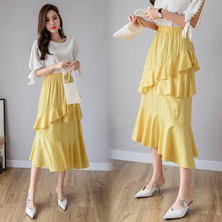 Asymmetric Tiered Midi A-line Skirt