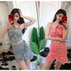 Set: Sleeveless Checker Cropped Top + Frill Trim Mini Pencil Skirt