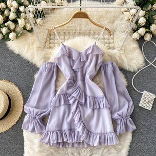 Plain Ruffle Asymmetrical Pearl Spaghetti-strap Dress