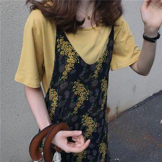 Short-sleeve T-shirt / Floral Print Strappy Chiffon Dress