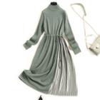 Long-sleeve Knit Pleat Panel Midi A-line Dress