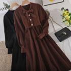 Long-sleeve Tie-neck Cable-knit Panel Midi A-line Dress