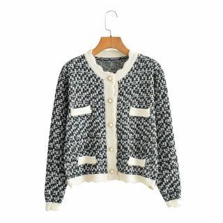 Contrast Trim Faux Pearl Button Cardigan Black - One Size