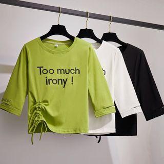 3/4-sleeve Lettering Drawstring T-shirt / Washed Wide Leg Jeans