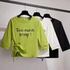 3/4-sleeve Lettering Drawstring T-shirt / Washed Wide Leg Jeans