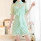 Puff-sleeve Plaid Mesh A-line Mini Dress