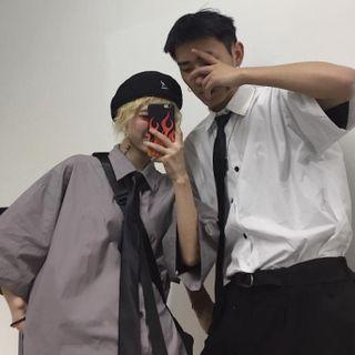 Plain Short-sleeve Shirt With Tie