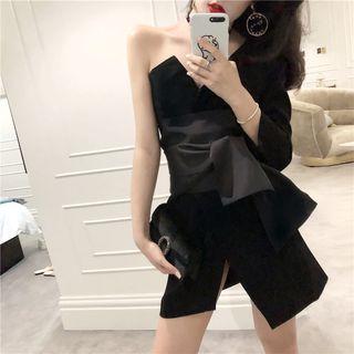 Plain Off-shoulder Slim-fit Tube Dress Black - One Size