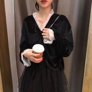 Ruffle Trim Long-sleeve A-line Midi Dress Black - One Size