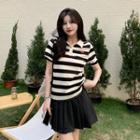 Polo-neck Striped T-shirt + Pleated Mini Skirt