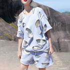 Set: Distressed Sequin Short-sleeve Top + Shorts Gray - One Size