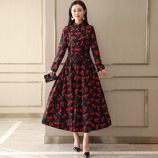 Long-sleeve Mock Neck Print Midi A-line Dress