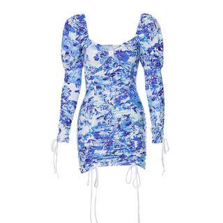 Long-sleeve Flower Print Mini Bodycon Dress