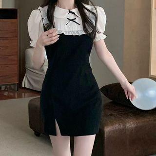 Mock Two-piece Short-sleeve Frill Trim Mini Dress