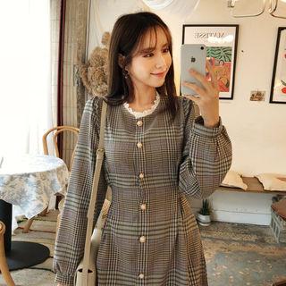 Lace-trim Faux-pearl Buttoned Midi Plaid Dress