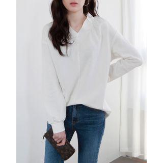 Shirred V-neck Cotton Pullover