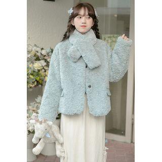 Set: Fluffy Button Jacket + Scarf Scarf - Peacock Blue - One Size