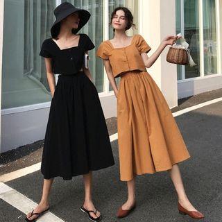 Set: Short-sleeved Top + Midi A-line Skirt
