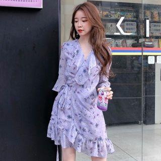 Bell-sleeve Floral Mini Chiffon Dress Purple - One Size