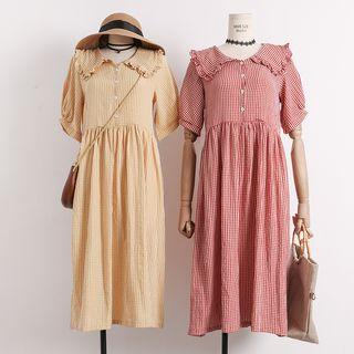 Collared Ruffled-trim Plaid Midi Dress