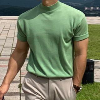 Short-sleeve High-neck Plain Knit Top