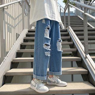 Mid Waist Distressed Straight Leg Jeans