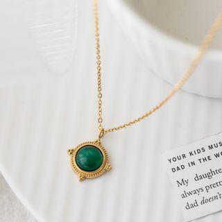 Cat Eye Stone Pendant Stainless Steel Choker Gold & Green - One Size