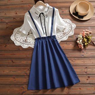 Short-sleeve Letter Embroidered Mock Two-piece A-line Dress