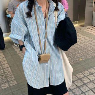 Elbow-sleeve Striped Shirt Pinstripe - Blue - One Size