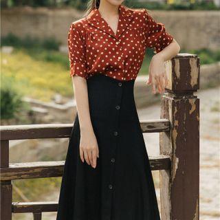 Set: Short-sleeve Dotted Shirt + Midi A-line Skirt