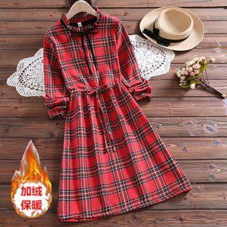Plaid Long-sleeve Midi A-line Linen Dress