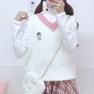 Mock Turtleneck Long-sleeve Embroidered Top / Knit Vest