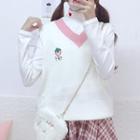 Mock Turtleneck Long-sleeve Embroidered Top / Knit Vest