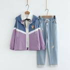 Color Block Hooded Jacket / Shirt / Straight Leg Jeans