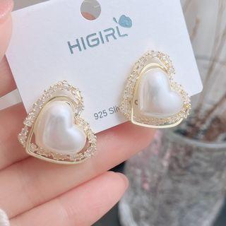 Heart Faux Pearl Rhinestone Alloy Earring 1 Pair - Silver & White - One Size