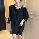 Elbow-sleeve Lace Trim Asymmetrical Shirt