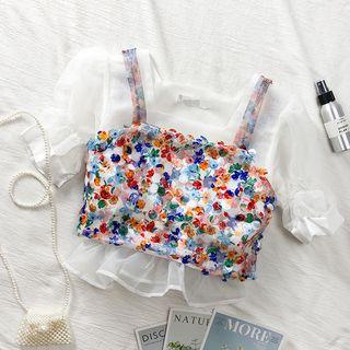 Set: Sequined Crop Vest + Sheer Chiffon Top