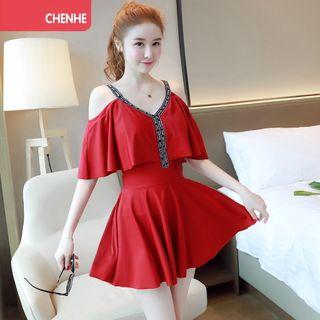 Set: Cutout Frill Trim Swimdress + Swim Shorts
