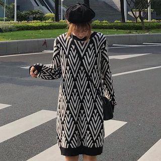 Patterned Long-sleeve Knit Dress Black - One Size
