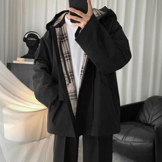 Plaid Panel Hood Zip Jacket