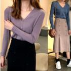 V-neck Cardigan/ Midi A-line Rib-knit Skirt