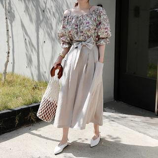 Linen Long Flare Skirt With Sash
