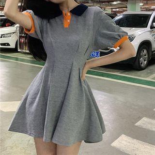 Short-sleeve Henley Contrast Trim Dress Gray - One Size