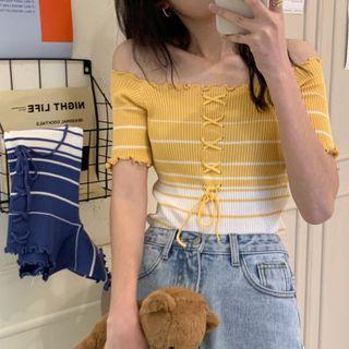 Off-shoulder Striped Lace-up Knit Top