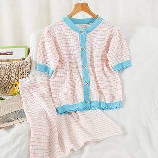 Set: Short-sleeve Patterned Knit Top + Knit Skirt Knit Top & Knit Skirt - Pink - One Size