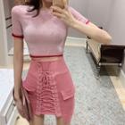 Short-sleeve Glitter Knit Top / Lace-up Mini Pencil Skirt