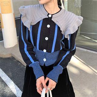 Collared Striped Cardigan / Midi A-line Skirt